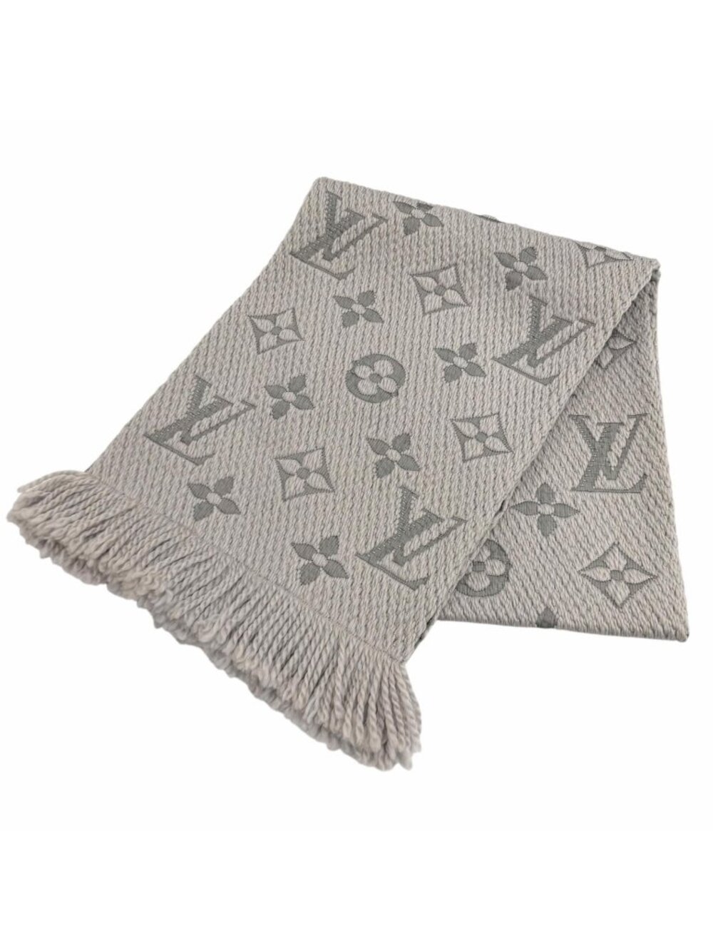 Louis Vuitton Logomania Scarf Wool Silk Blend Gray Perlee Fringe